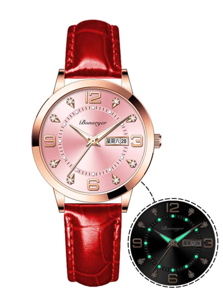 BESTKANG Women Watch Luminous Leather Strap (Red and Pink) - Stellmor