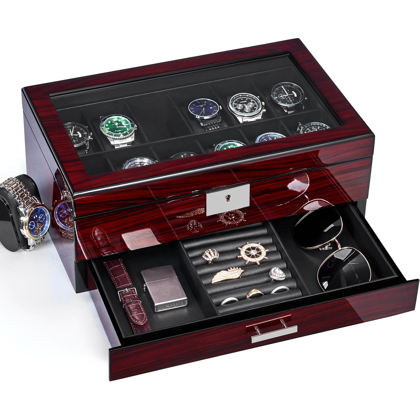 12 Slot Watch Cases for Men Watch Box with Large Lid Jewelry Box with Watch Storage - Stellmor