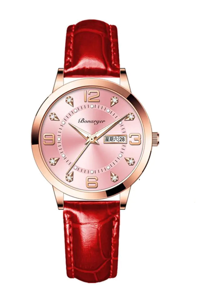 BESTKANG Women Watch Luminous Leather Strap (Red and Pink) - Stellmor