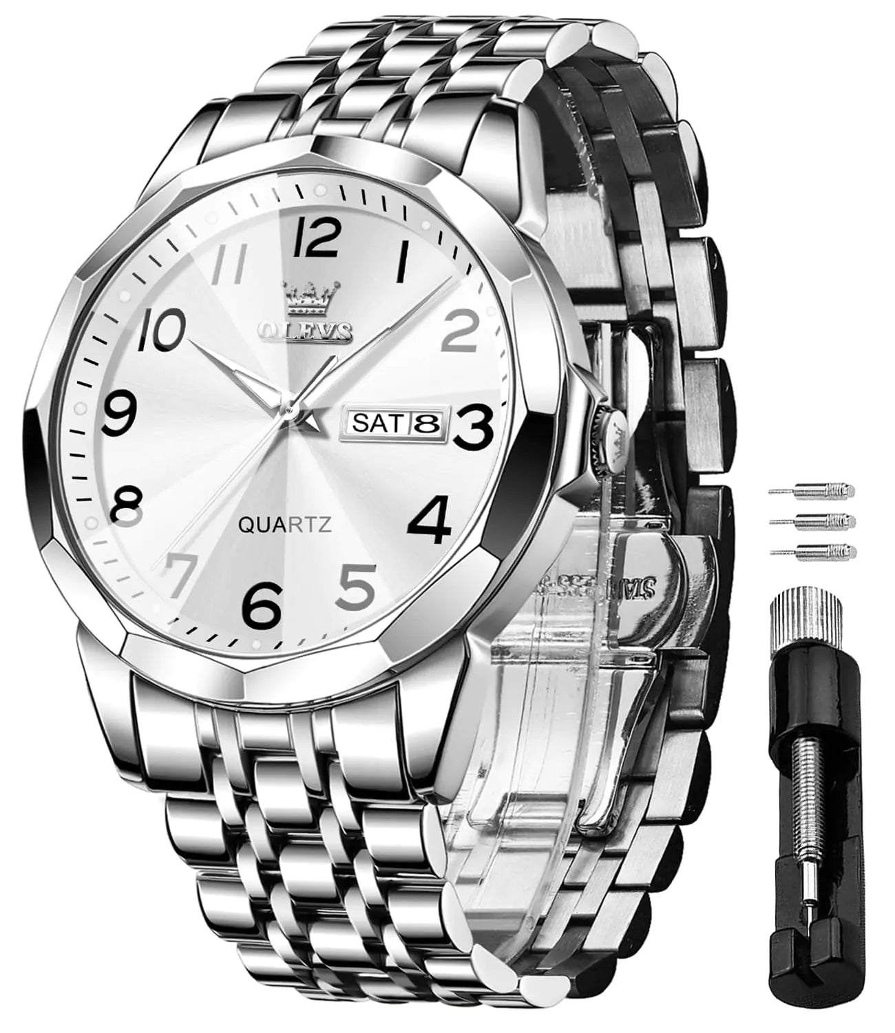 OLEVS White Watch for Men Quartz Silver Stainless Steel - Stellmor