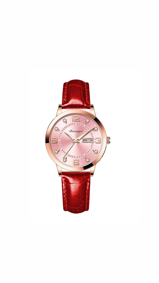BESTKANG Women Watch Luminous Leather Strap (Red and Pink) - Stellmor