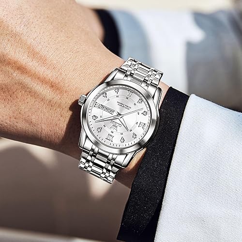 OLEVS White Watch for Men  Quartz Silver Stainless Steel - Stellmor