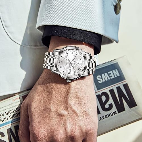 OLEVS White Watch for Men  Quartz Silver Stainless Steel - Stellmor