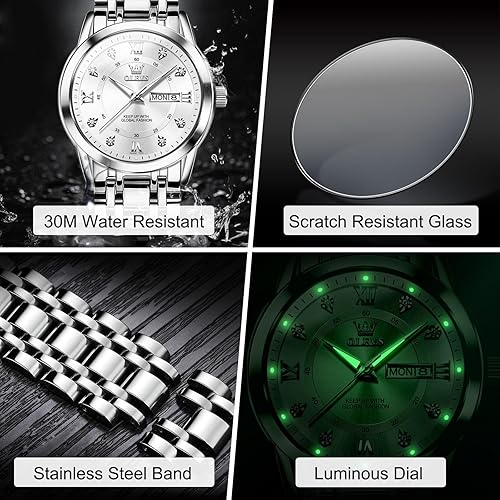 OLEVS White Watch for Men  Quartz Silver Stainless Steel - Stellmor