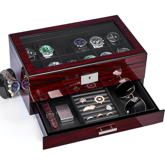 12 Slot Watch Cases for Men Watch Box with Large Lid Jewelry Box with Watch Storage - Stellmor